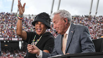 Sep 14, 2024; Columbia, South Carolina, USA; South Carolina Gamecocks basketball coach Dawn Staley (left) picks South Carolina and Lee Corso picks the LSU Tigers during the ESPN Gameday show before kickoff of a football game at Williams-Brice Stadium. Mandatory Credit: Ken Ruinard/USA TODAY Network via Imagn Images