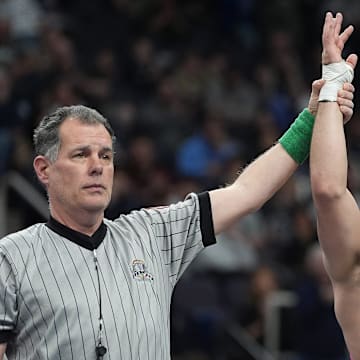 Penn State wrestling commit PJ Duke celebrates a win at the 2025 New York state wrestling championships.