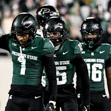 Michigan State's Nikai Martinez celebrates after a defensive stop against Purdue during the second quarter on Friday, Nov. 22, 2024, at Spartan Stadium in East Lansing.