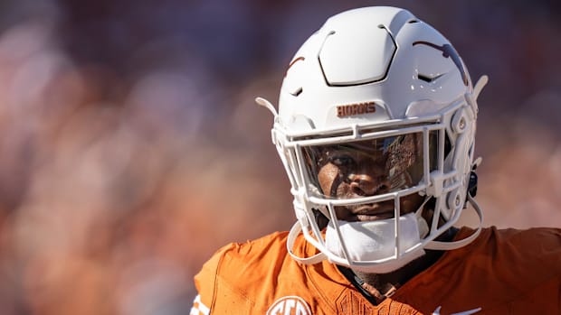 Texas LB Colin Simmons (11) exits the field against  Mississippi State in Austin on Saturday, Sept. 28, 2024.