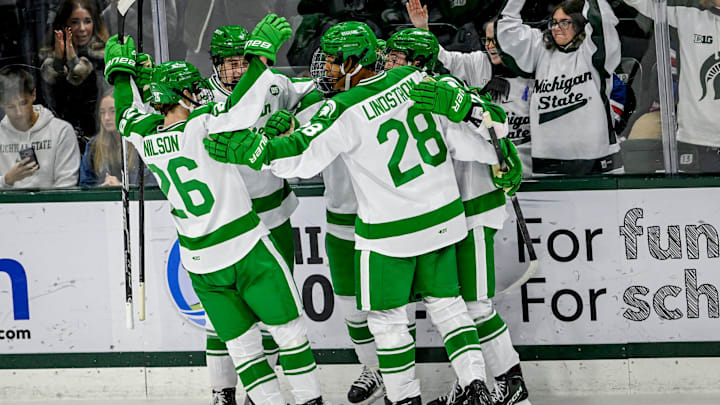 Michigan State celebrates Gavin O'Connell's goal during the second period in the game against Notre Dame on Thursday, Feb. 19, 2026, at the Munn Ice Arena in East Lansing.
