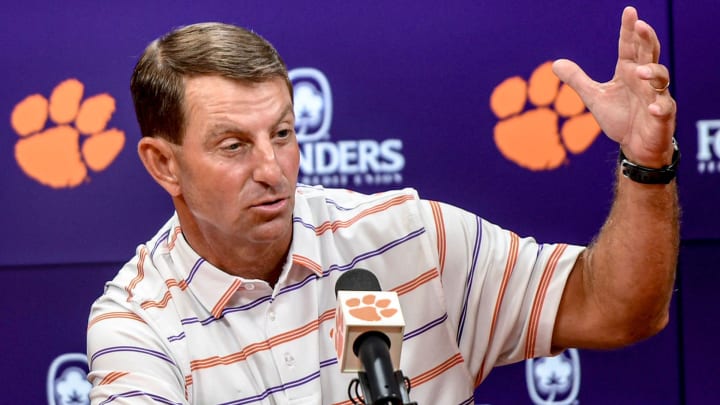 Clemson head coach Dabo Swinney talks during the Clemson football Media Outing & Open House at the Allen N. Reeves Football Complex in Clemson, S.C. Tuesday, July 16, 2024.