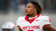 North Shore defensive back Devin Sanchez (6) runs off the field in the third quarter of the 6A UIL high school football semifinal game at the Pfield in Pflugerville, Saturday, December 9, 2023. North Shore defeated Westlake 23-14, knocking them out of the playoffs.