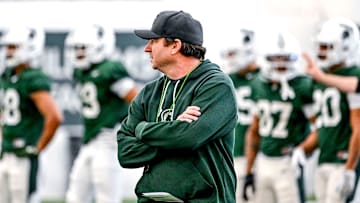 Michigan State head coach Jonathan Smith looks on during practice on Tuesday, April 8, 2025, in East Lansing.