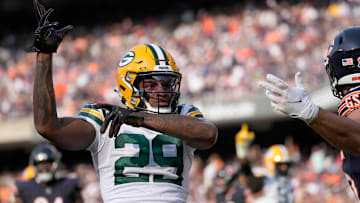 Green Bay Packers cornerback Rasul Douglas (29) celebrates breaking up a pass intended for Chicago Bears tight end Cole Kmet (85) in the end zone during second quarter of their game on Sunday, Sept. 10, 2023 at Soldier Field in Chicago.
