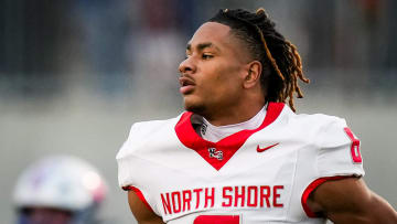 North Shore defensive back Devin Sanchez (6) runs off the field in the third quarter of the 6A UIL high school football semifinal game at the Pfield in Pflugerville, Saturday, December 9, 2023. North Shore defeated Westlake 23-14, knocking them out of the playoffs.