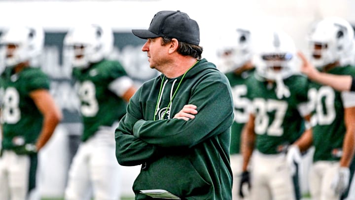 Michigan State head coach Jonathan Smith looks on during practice on Tuesday, April 8, 2025, in East Lansing.