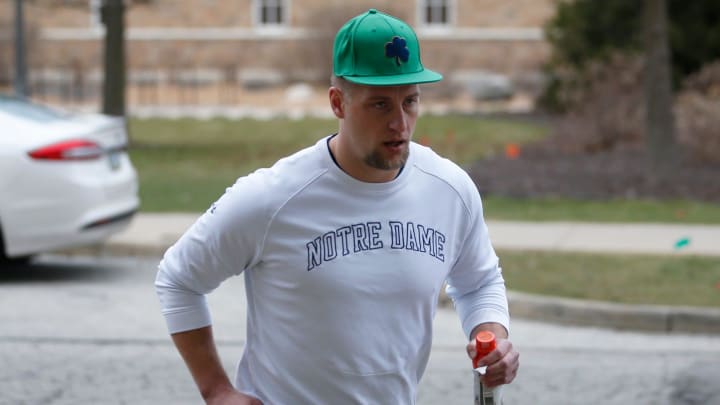 Notre Dame linebackers coach Max Bullough runs into practice Thursday, March 7, 2024, at the Irish Athletics Center in South Bend.