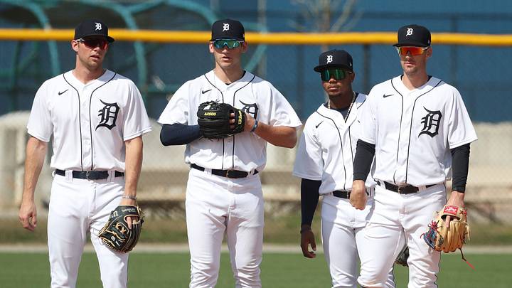 Detroit Tigers infield prospects Gage Workman, Izaac Pacheco, Cristian Santana and Ryan Kreidler field ground balls during spring training minor league minicamp Friday, Feb. 25, 2022 at TigerTown in Lakeland, Fla.

Tigers9