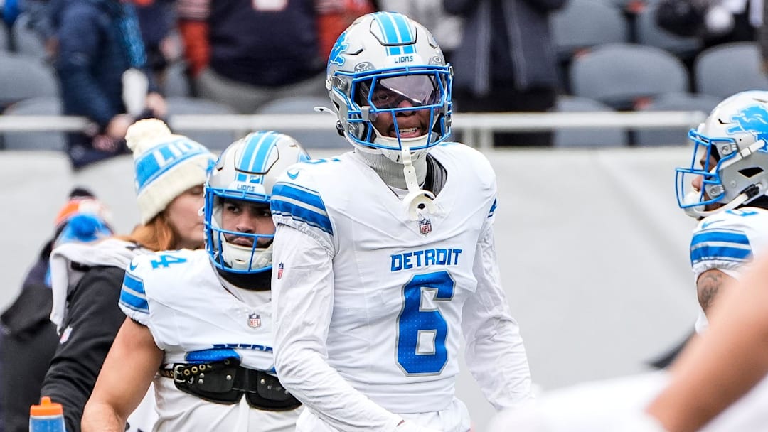 Detroit Lions safety Ifeatu Melifonwu (6) warms up before the game between Chicago Bears and Detroit Lions at Soldier Field in Chicago, Ill. on Sunday, Dec. 22, 2024.