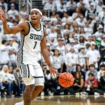 Michigan State's Jeremy Fears Jr. move the ball against Arkansas during the first half on Saturday, Nov. 8, 2025, at the Breslin Center in East Lansing.
