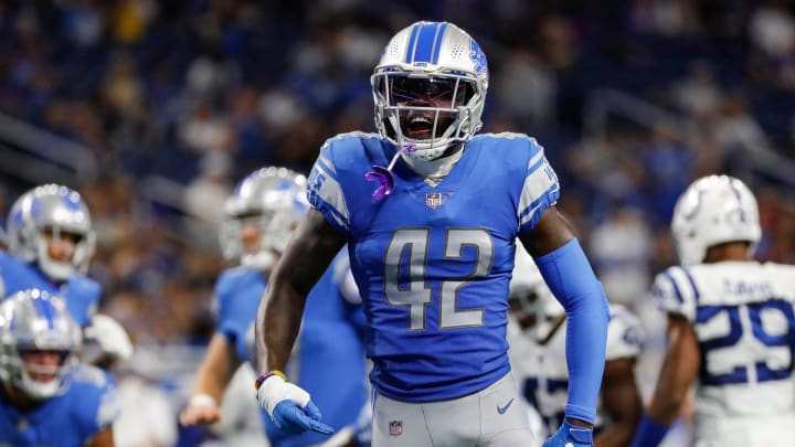 Detroit Lions safety Jalen Elliott (42) reacts to a tackle against the Indianapolis Colts during the second half of a preseason game at Ford Field in Detroit on Friday, Aug. 27, 2021.