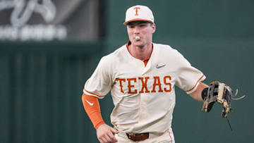 Texas outfielder Max Belyeu (44) smiles after catching a hit in the outfield as the Longhorns play Texas State at UFCU Disch–Falk Field on Wednesday, April 10, 2024.