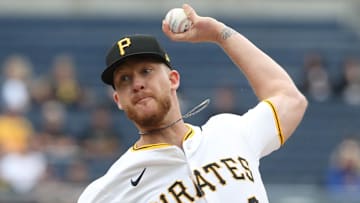 May 25, 2025; Pittsburgh, Pennsylvania, USA;  Pittsburgh Pirates starting pitcher Bailey Falter (6) pitches against the Milwaukee Brewers during the first inning at PNC Park. Mandatory Credit: Charles LeClaire-Imagn Images