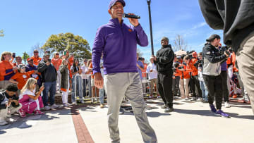 Clemson head coach Dabo Swinney talks about honoring former team captains Hamp Greene, Jonathan Weitz, Tyler Davis, Will Shipley, Will Putnam, and Justin Mascoll during Tiger Walk before the Spring football game in Clemson, S.C. Saturday, April 6, 2024.