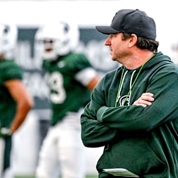 Michigan State head coach Jonathan Smith looks on during practice on Tuesday, April 8, 2025, in East Lansing.