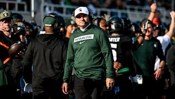 Michigan State's head coach Jonathan Smith looks on form the sideline during the first quarter in the game against Indiana on Saturday, Nov. 2, 2024, at Spartan Stadium in East Lansing.