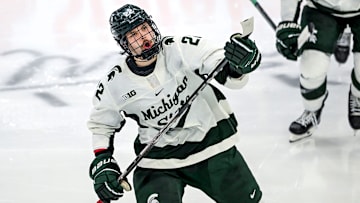 Michigan State's Isaac Howard celebrates his goal against Notre Dame during the third period in the Big Ten tournament on Saturday, March 15, 2025, at Muni Arena in East Lansing.