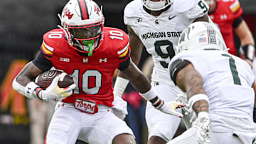 Sep 7, 2024; College Park, Maryland, USA; Maryland Terrapins wide receiver Tai Felton (10) cuts in front of Michigan State Spartans defensive back Nikai Martinez (1) during the first half  at SECU Stadium. Mandatory Credit: Tommy Gilligan-Imagn Images