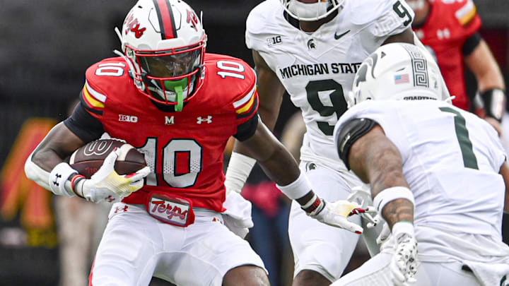 Sep 7, 2024; College Park, Maryland, USA; Maryland Terrapins wide receiver Tai Felton (10) cuts in front of Michigan State Spartans defensive back Nikai Martinez (1) during the first half  at SECU Stadium. Mandatory Credit: Tommy Gilligan-Imagn Images