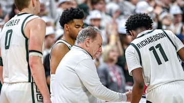 Michigan State's head coach Tom Izzo, center, talks to the team late during the second half in the game against Indiana on Tuesday, Feb. 11, 2025, at the Breslin Center in East Lansing.