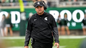 Michigan State's head coach Jonathan Smith walks the sideline during the fourth quarter in the game against UCLA on Saturday, Oct. 11, 2025, at Spartan Stadium in East Lansing.