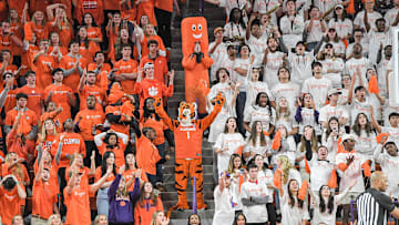 January 14, 2023; Clemson, South Carolina, USA; Clemson fans during the second half at Littlejohn Coliseum. Mandatory Credit: Ken Ruinard   Imagn Images 