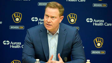 Senior Vice President and General Manager Matt Arnold speaks during an an end of season press conference at American Family Field in Milwaukee, October 10, 2023.