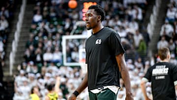 Michigan State's Xavier Booker warms up before the game against Oregon on Saturday, Feb. 8, 2025, at the Breslin Center East Lansing.
