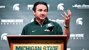 Michigan State coach Jonathan Smith talks the media on the first national signing day for college football recruits Wednesday, Dec. 4, 2024, at Spartan Stadium in East Lansing.