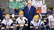 Notre Dame head coach Jeff Jackson shouts instructions in the third period against Minnesota at the Compton Family Ice Arena Friday, Jan. 28, 2022, in South Bend. The Irish gave Jackson his 400th win at Notre Dame over the weekend when they beat Michigan, 6-1, Friday night.