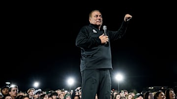 Tom Izzo addresses the crowd during the Izzone campout on Friday, Oct. 4, 2024, at Munn Field in East Lansing.