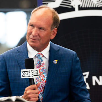 University of Kansas Head Coach Lance Leipold does an interview with ESPN during the first day of Big 12 Media Days in AT&T Stadium in Arlington, Texas, July 12, 2023.