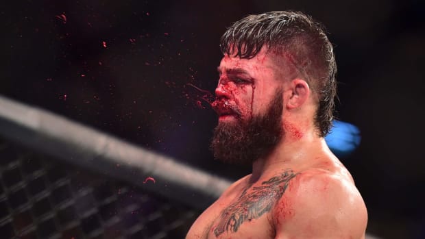 A bloody Mike Perry during a past UFC fight with Vicente Luque.