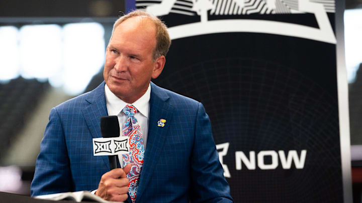 University of Kansas Head Coach Lance Leipold does an interview with ESPN during the first day of Big 12 Media Days in AT&T Stadium in Arlington, Texas, July 12, 2023. University of Kansas Head Coach Lance Leipold does an interview with ESPN during the first day of Big 12 Media Days in AT&T Stadium in Arlington, Texas, July 12, 2023.