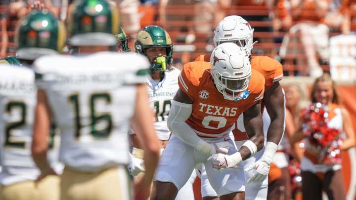 Texas Longhorns linebacker Anthony Hill Jr. (0) celebrates a tackle as the Texas Longhorns take on Colorado State at Darrell K Royal-Texas Memorial Stadium in Austin Saturday, Aug. 31, 2024.