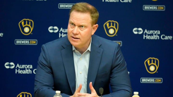 Senior Vice President and General Manager Matt Arnold speaks during an an end of season press conference at American Family Field in Milwaukee on Tuesday, Oct. 10, 2023.