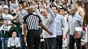 Michigan State's head coach Tom Izzo argues a call with a referee during the first half against Iowa on Tuesday, Dec. 2, 2025, at the Breslin Center in East Lansing.
