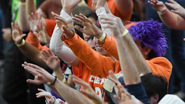 Nov 21, 2024; Clemson, SC, USA; Clemson fans cheer during the first half at Littlejohn Coliseum Thursday, November 21, 2024; Clemson, SC, USA.  Mandatory Credit: Ken Ruinard/USA TODAY Network via Imagn Images 