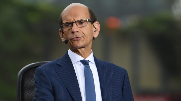 Paul Finebaum, radio and ESPN television personality, gets ready to speak on television near activities outside the Superdome, before of the College Football Playoff National Championship game in New Orleans Monday, January 13, 2020