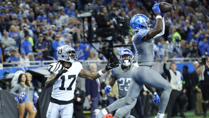 Lions safety Kerby Joseph intercepts a pass by Raiders quarterback Jimmy Garoppolo during the first half during the first half on Monday, Oct. 30, 2023, at Ford Field.