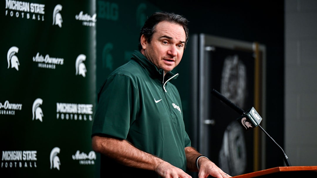 Michigan State coach Jonathan Smith talks the media on the first national signing day for college football recruits Wednesday, Dec. 4, 2024, at Spartan Stadium in East Lansing.