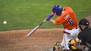 Clemson outfielder Dominic Listi (6) hits during the bottom of the seventh inning at the NCAA baseball Clemson Regional at Doug Kingsmore Stadium in Clemson, S.C. Saturday, May 31, 2025.