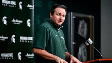 Michigan State coach Jonathan Smith talks the media on the first national signing day for college football recruits Wednesday, Dec. 4, 2024, at Spartan Stadium in East Lansing.