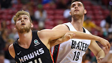 Former Atlanta Hawks center Jock Landale (34) blocks out Portland Trail Blazers center Georgios Papagiannis (19) during a first half free throw attempt at Thomas & Mack Center.
