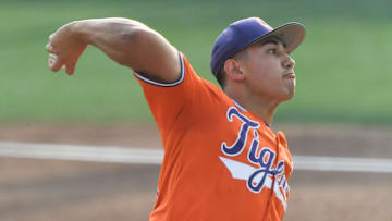 Clemson pitcher Aidan Knaak (19) pitches to West Virginia during the top of the first inning at the NCAA baseball Clemson Regional at Doug Kingsmore Stadium in Clemson, S.C. Saturday, May 31, 2025.