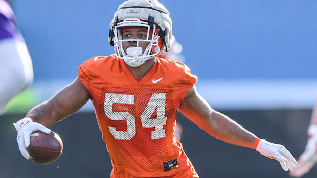 Clemson linebacker Jeremiah Trotter Jr. (54) catches a ball in a drill during Spring practice in Clemson, S.C. Friday, March 