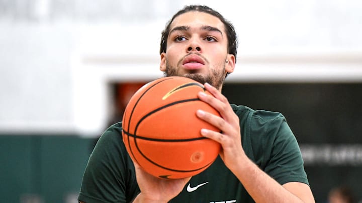 Michigan State's Jesse McCulloch shoots in practice during men's basketball media day on Thursday, Oct. 17, 2024, at the Breslin Center in East Lansing.