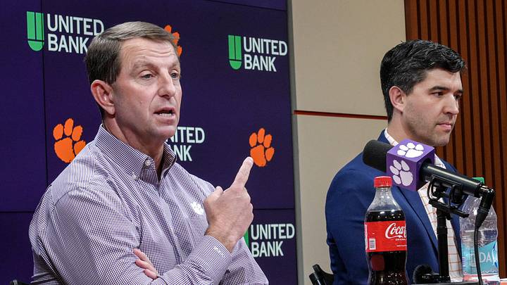 Clemson football Head Coach Dabo Swinney details events of transfer portal Luke Ferrelli and “tampering” with signed players, next to Atheletic Director Graham Neff during a press conference in the Smart Family Media Center in Clemson, SC, Friday, Jan 23 2026.