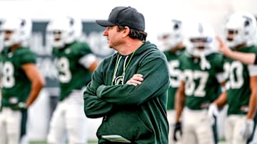 Michigan State head coach Jonathan Smith looks on during practice on Tuesday, April 8, 2025, in East Lansing.